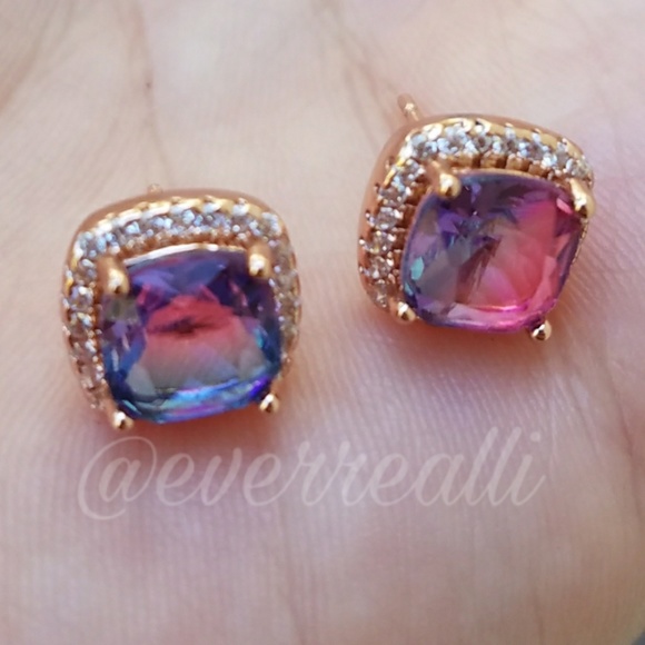 Rose Gold Purple Rainbow Diamond Halo Earrings - Picture 4 of 5